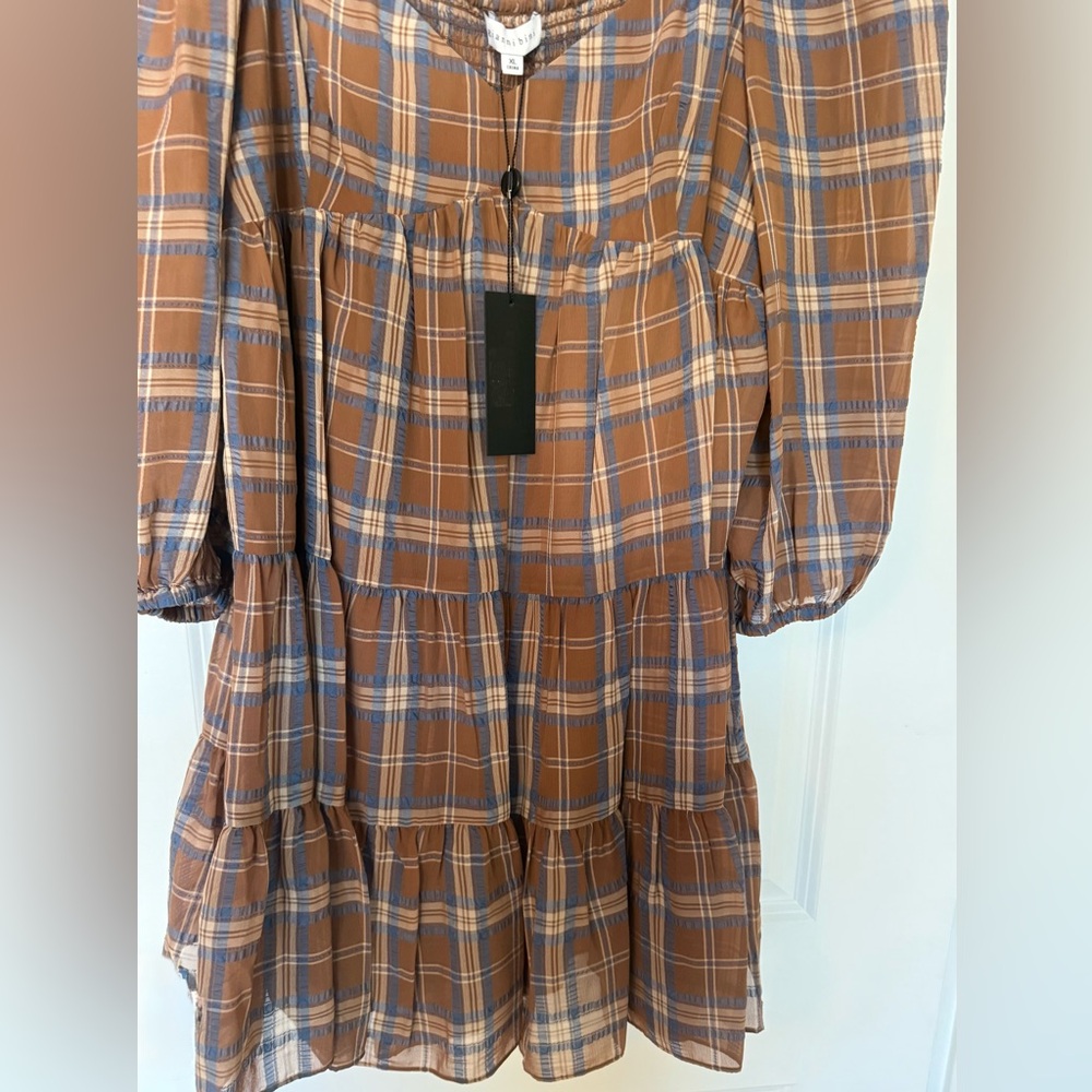 Country Chic Gianni Bibi Brown Plaid Off-Shoulder Dress lined Coastal Cowgirl - Picture 2 of 10